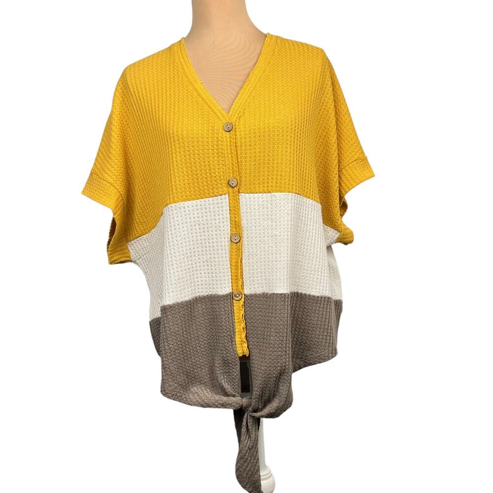 UMGEE Women’s Color-block Waffle Knit Tie Front Top L